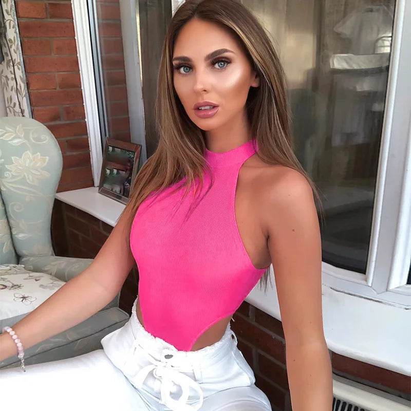 Sexy High Street Bodycon Neon Bodysuits Summer Colorful Sleevelss Backless Ftness Outfit Club Party Jumpsuit Combinaison Femme